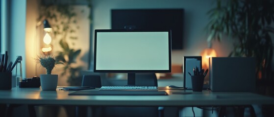 Wall Mural - a modern, minimalist workspace with a central computer screen, surrounded by green plants and soft l