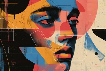 Aufkleber - A striking abstract illustration featuring a woman's profile against vibrant geometric shapes and colors, highlighting a blend of modern art styles in a creative composition