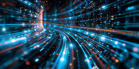Leinwandbilder - A mesmerizing swirl of vibrant lights and particles flows through a dark space, creating an abstract representation of energy and motion in an artistic display