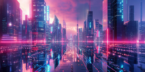 Fototapete - A vibrant cyberpunk cityscape at night filled with glowing neon lights reflecting on rain-soaked streets, showcasing futuristic architecture and a bustling atmosphere