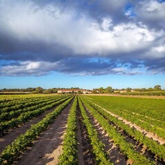 Wall Mural - A full shot of a countryside field at eye level, with rows of crops and a farmhouse in the background.