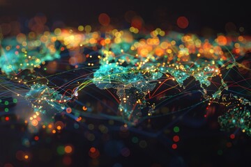 Leinwandbilder - Visual representation of global connectivity through a network map highlighting continents and cities illuminated against a dark background