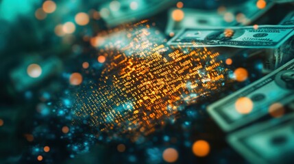 Wall Mural - a glowing digital code overlay on us dollar bills with a blue and green background.