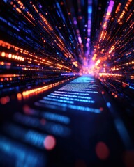 Leinwandbilder - A vibrant, abstract representation of data streams highlighting digital technology, with colorful light trails conveying movement and energy.