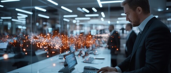 Wall Mural - a bustling office with professionals working at computers, highlighted by glowing digital interfaces