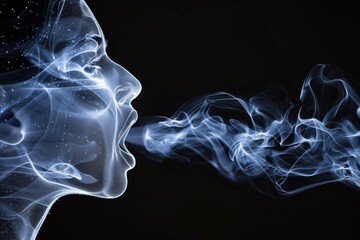 Leinwandbilder - A captivating illustration of a woman with ethereal smoke flowing from her mouth, showcasing a fusion of human form and artistry against a dark backdrop