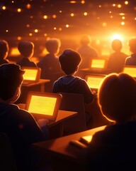 Poster - A digital illustration of students in a classroom, focused on their laptops, illuminated by warm, glowing lights, creating an engaging learning environment.