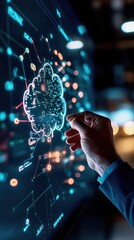 Leinwandbilder - A hand interacts with a digital brain interface, showcasing advanced technology and data analytics in a futuristic setting.