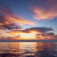 Wall Mural - A high-resolution digital artwork captures a serene seascape at sunset. The vast ocean extends to the horizon, merging seamlessly with the sky. The sky is painted with dramatic, wispy clouds, transiti