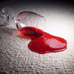 Sticker - A high-resolution photograph captures a dramatic scene of a tipped-over glass of red wine, spilling its contents onto a pale, textured carpet. The vivid crimson liquid creates a striking contrast agai