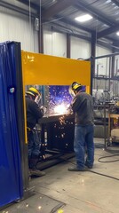 Two workers in protective gear engage in welding at a steel factory mockup, creating sparks