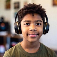 Wall Mural - Medium Close Up (MCU) of a child with autism wearing noise-canceling headphones, with soft focus to blur the distracting background and create a peaceful, focused atmosphere.