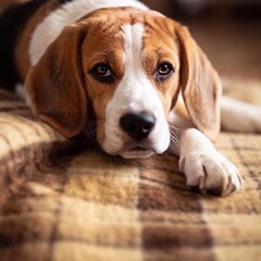 Canvas Print - A detailed close-up of a sleepy Beagle puppy lying on a blanket, its soft fur and tiny paws in sharp focus, while the background showcases a warm and cozy indoor setting