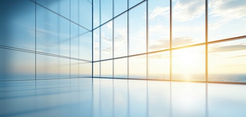 Poster - Infrastructure headquarters concept. Modern office space with large windows, showcasing a panoramic view of the horizon and a bright sunrise reflecting on the polished floor.