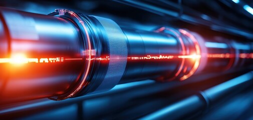 Poster - Infrastructure headquarters concept. A close-up view of a futuristic metallic pipe emitting a bright, glowing light, showcasing sleek design and advanced technology in a dark environment.