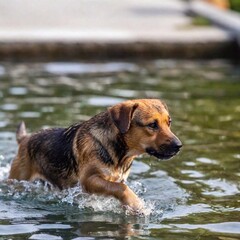 Sticker - adventurous puppy swimming toward floating platform