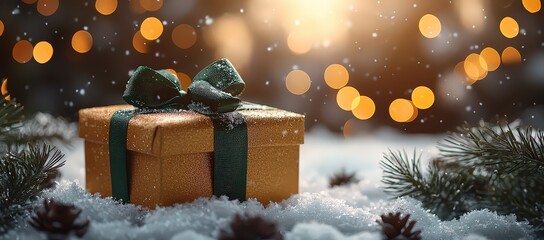 Wall Mural - A golden gift box with a green ribbon is placed on the snow, surrounded by Christmas tree branches and lights in warm tones. 