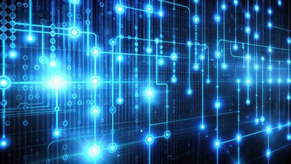Innovative technology concept showing binary code with glowing neon lines and digital interface