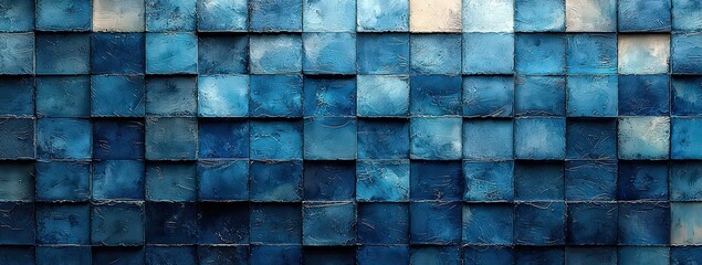 Poster - A grid of square tiles in various shades of blue, arranged to create an abstract background with subtle gradients and patterns.