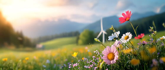 Wall Mural - Harnessing renewable energy wind turbines among vibrant wildflowers