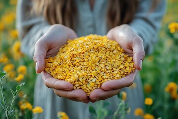 Wall Mural - Closeup of Hands Holding Yellow Flower Petals