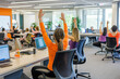 © tynza - Employees in a vibrant, open office, following along to a guided stretching session to reduce stress and improve flexibility.