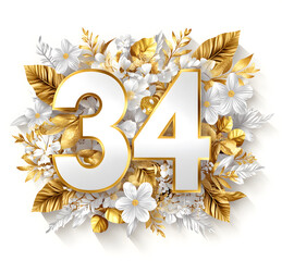 Wall Mural - Elegant white number 34 with golden accents surrounded by beautiful white flowers and golden leaves, ideal for milestone celebrations, birthdays, anniversaries, and decorative themes