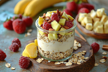 Wall Mural - Oatmeal in a glass jar, wholesome ingredient for breakfast.