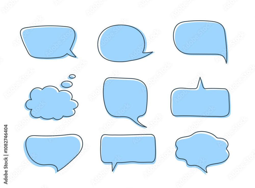 Hand drawn blue speech bubbles set. Blank text boxes templates for ...