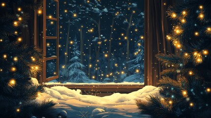 Poster - Window View of a Snowy Forest with String Lights