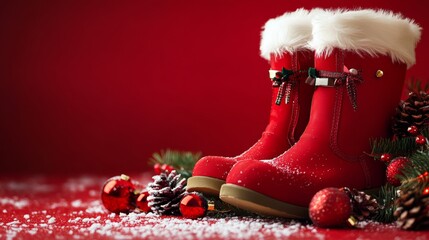 Wall Mural - Bright red Santa boots adorned with festive decorations sit against a joyful Christmas backdrop, evoking holiday spirit and cheer