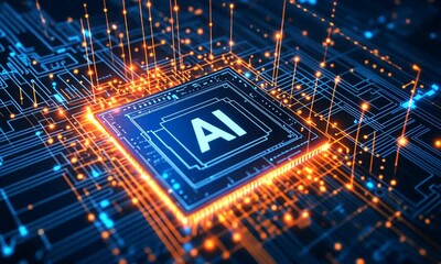 AI chip glowing in the dark with blue and orange circuits.