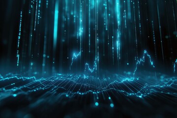 Leinwandbilder - Economic risk concept. A digital landscape featuring cascading blue lights resembling data streams, creating a futuristic and immersive atmosphere.