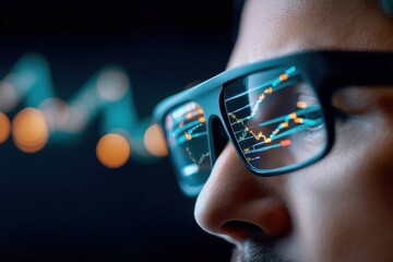 Fototapete - Economic risk concept. A focused individual wearing glasses, observing digital data and analytics, symbolizing research, technology, and analysis.