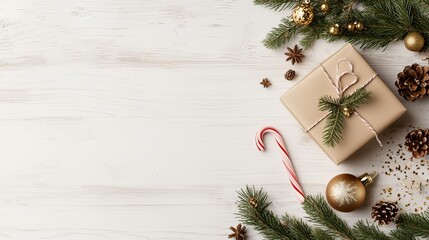 a wrapped gift with a sprig of pine and twine sits on a white wooden surface