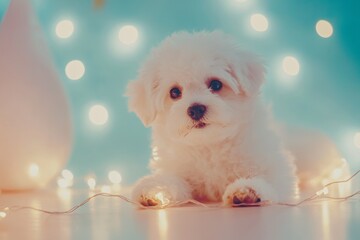 Wall Mural - A fluffy bichon puppy surrounded by festive lights and party decor in a cheerful atmosphere