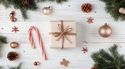 Wall Mural - A gift wrapped in brown paper with a twine bow sits on a white wooden background surrounded by Christmas decorations