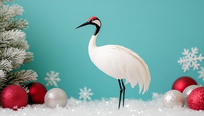 Naklejka na meble A graceful white crane stands among festive decorations, featuring red ornaments and a snowy backdrop against a tranquil blue background.