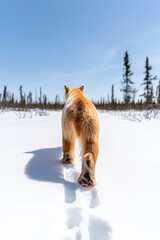 Wall Mural - A brown bear walks away from the camera in a snowy, wooded area.