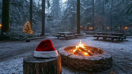 Poster - A Festive Bonfire in a Snowy Forest with a Santa Hat on a Tree Stump