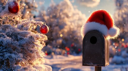 Poster - Mailbox with Santa Hat and Christmas Tree in Snowy Winter Scene