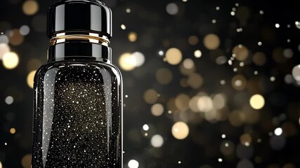 Wall Mural - a black and gold bottle with glitter sparkles against a bokeh background