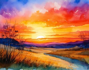 Wall Mural - watercolor of a beautiful sunset scene with empty copy space