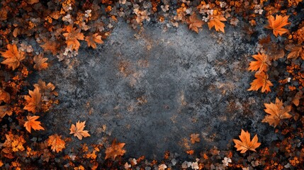 Wall Mural - Autumn leaves backdrop, gray background with brown and orange tones, empty space in the middle of the frame for text or product display, AI Generative