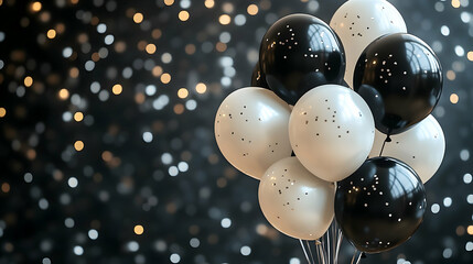 A cluster of black and white balloons with confetti against a sparkling bokeh background.