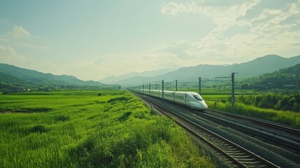 A bullet train speeding across a lush green countryside.