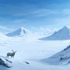 Wall Mural - A lone reindeer stands on a snow-covered mountainside, overlooking a vast, snowy valley with other reindeer in the distance. The sky is a clear, bright blue.