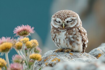 Wall Mural - Sleeping Owl on a Rock