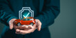 © Garun Studios - assurance, confidence, certificate, certification, guarantee, insurance, protect, security, safety, warranty. A man is holding a toy car with a check mark on it. Concept of security and protection.