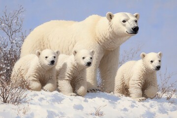 Wall Mural - A mother polar bear stands protectively over her three cubs in a snowy arctic landscape.